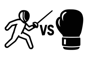 Fototapeta premium Fencing vs Boxing Combat Sports Vector Illustration – Black and White Comparison Featuring Sword-Wielding Fencer and Boxing Glove with VS Symbol 