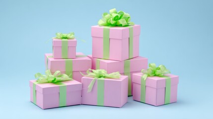 Stacked Pink Gift Boxes with Green Ribbons on Light Blue Background