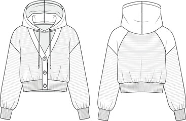 Men’s hooded cardigan sketch front and back views, V-neckline with button closure, ribbed cuffs and hem, striped sleeve and body panel illustration