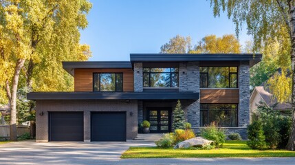 Modern Two-Story House with Autumn Foliage