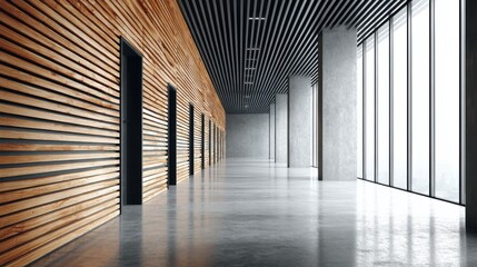 Interior Hallway with Wood, Concrete, and Windows