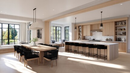 Open Concept Kitchen and Dining Room with Wood Accents