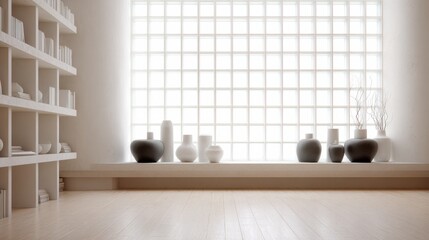 Interior with Bookshelf, Vases, Paneled Window, and Wood Floor