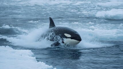 Fototapeta premium A killer whale breaching the surface of the water surrounded by ice floes near arctic