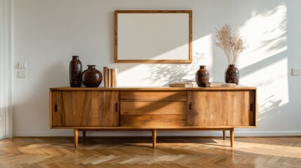 Wooden Sideboard with Decor and Frame Against White Wall