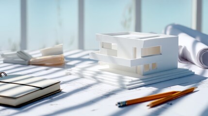 Architectural Model and Plans on Drafting Table