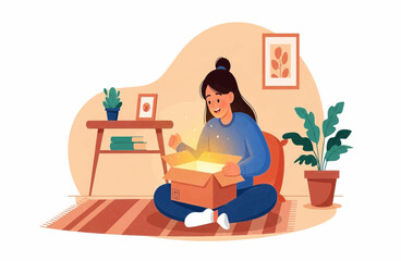 Excited Woman Opening a Gift Box with Shining Light in a Cozy Room Illustration