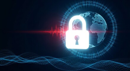 A glowing padlock secures a digital globe surrounded by binary code and abstract data streams, symbolizing global cybersecurity