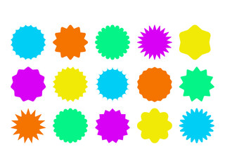 Colorful vector set of blank star and sunburst badges. Blank seals, spiky stars, wavy circle stickers for advertising. Great for Sale tag, price label, promotion price badge, web UI button