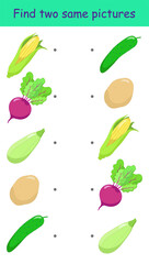 Find two identical pictures. Educational game with colored vegetables corn, beetroot, potato, zucchini, cucumber. Vector illustration for children's activity book, worksheet, print.