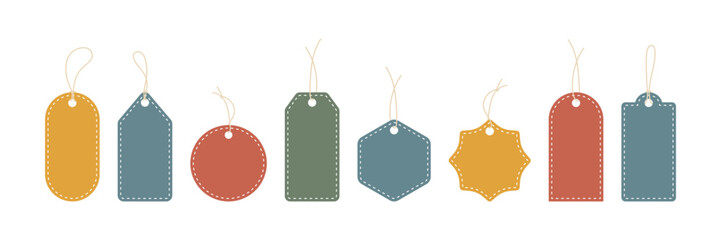 Colored price tag set isolated on white. Vector hang labels in various shapes. Ideal for branding, event, ecommerce, packaging design mock up, promotion, sale, discount, sticker, icon, ads