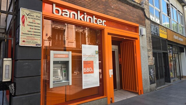 MADRID, SPAIN - JULY, 15, 2025. Bankinter Madrid branch exterior on a busy street