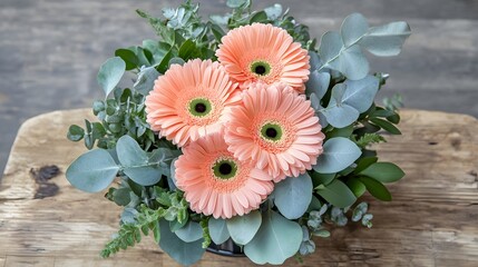 Peach Gerbera Daisy Bouquet with Eucalyptus Leaves