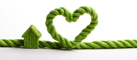 Conceptual image of a rope shaped into a house . For real estate, green home insurance, property investment, family housing, mortgage, creative DIY projects, and lifestyle branding.