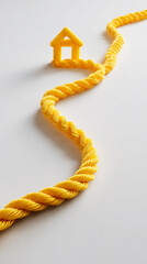 Conceptual image of a rope shaped into a house . For real estate, yellow home insurance, property investment, family housing, mortgage, creative DIY projects, and lifestyle branding.