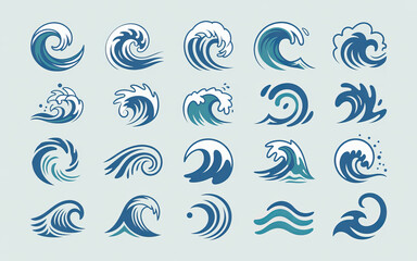 Fototapeta premium Oceanic Rhythms: An array of stylized water wave illustrations cascade across a serene canvas, each one a unique depiction of aquatic energy and motion.