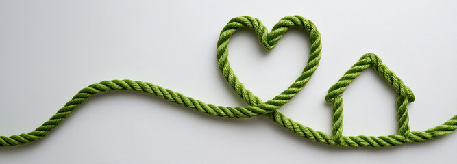 Conceptual image of a rope shaped into a house . For real estate, green home insurance, property investment, family housing, mortgage, creative DIY projects, and lifestyle branding.