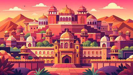 Jaipur, Rajasthan, India – The Pink City glows in sunlight, its ornate palaces and bustling bazaars rich in color and geometry, ideal for vibrant and cultural vector exploration.
