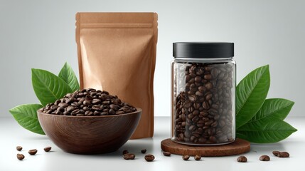 Coffee Beans, Bowl, Jar, Packaging, and Leaves