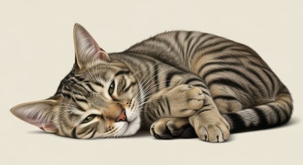 Fototapeta premium Relaxed Tabby Cat Resting on Neutral Background