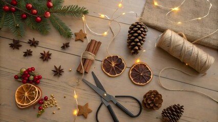 Christmas ornaments, spices, string lights and scissors on a wooden table creating a cozy atmosphere for winter holidays