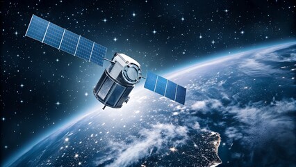 Satellite in Earth Orbit Over Ocean and Coastline with Starry Sky for Global Navigation, Communication Systems, and Aerospace Engineering Concepts