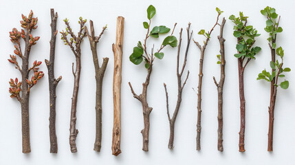 A wide display of various branches on a white background.