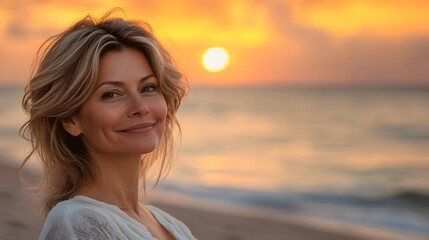 Beautiful Woman Smiling at Sunset Beach Ocean