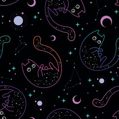 Mystical pattern with neon cats, moon and stars