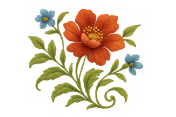 Realistic embroidery of red poppy and blue flowers with green leaves and stem creates a beautiful floral composition on transparent background