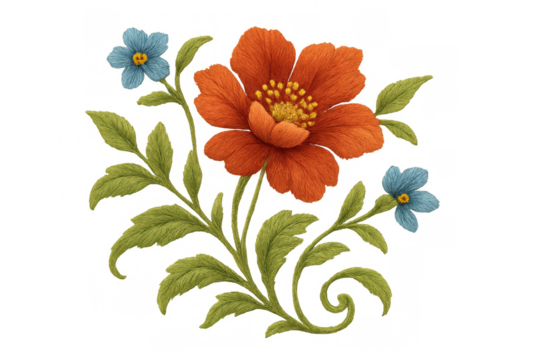 Realistic embroidery of red poppy and blue flowers with green leaves and stem creates a beautiful floral composition on transparent background