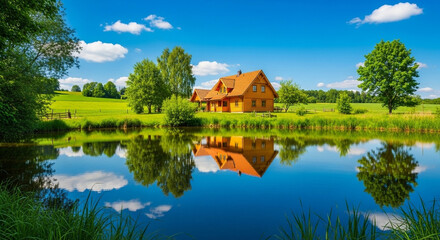 Obraz premium Serene cabin reflection on water under a brilliant blue sky.