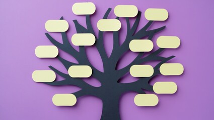 Black tree silhouette with blank yellow labels on purple background