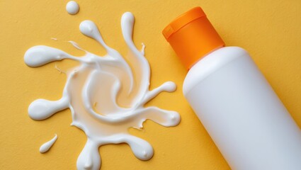 Mockup of sunscreen bottle with spilled cream on yellow surface