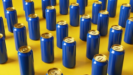 Blue aluminum can stands on yellow background