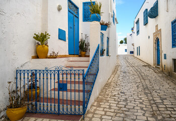 A street scene from the colorful town of Sidi Bou Said in Tunisia