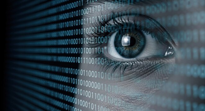 Close-up of a human eye with digital binary code overlay. Woman's eye looking at data. Concept of cyber surveillance and security.