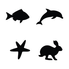 Diverse Silhouettes of Marine and Terrestrial Animals Fish Dolphin Starfish Rabbit.