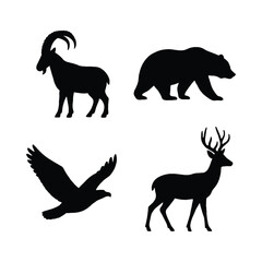 Silhouette Collection Four Animals Goat Bear Eagle and Deer Wildlife Theme.