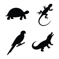 Silhouette Collection of Wildlife Animals Featuring a Turtle Lizard Parrot and Crocodile.