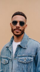 Obraz premium Portrait of Man in Retro Sunglasses and Faded Denim Jacket Against Beige Backdrop