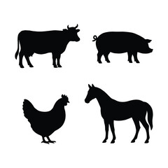 Silhouetted Farm Animal Variety of Cow Pig Chicken and Horse Livestock Collection.