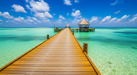Fototapeta premium Tranquil tropical paradise: a long pier leads to thatched huts.