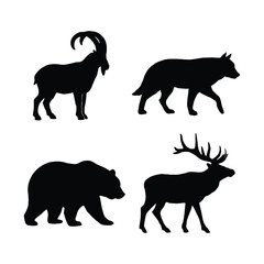 Silhouette Art Featuring Mountain Goat, Wolf, Bear, and Stag Animals.