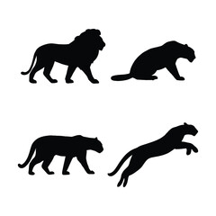 Silhouette of Lions and Panthers Engaging in Various Activities on a White Background.