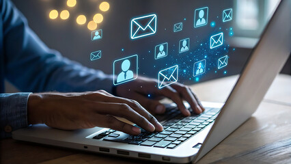 Obraz premium A person is using a laptop, with glowing email and user icons floating above, symbolizing digital communication and online networking for business and marketing purposes