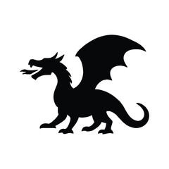 Heraldic Dragon Silhouette with Wings and Tail Curled Upward, a Fierce Mythical Creature.