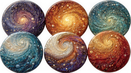 Six colorful swirling galaxies with glowing stars and nebulae isolated on transparent background