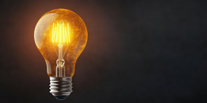 Glowing vintage light bulb with soft illumination against black background