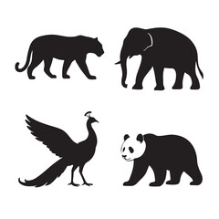 A Collection of Animal Silhouettes Featuring a Tiger Elephant Peacock and Panda.